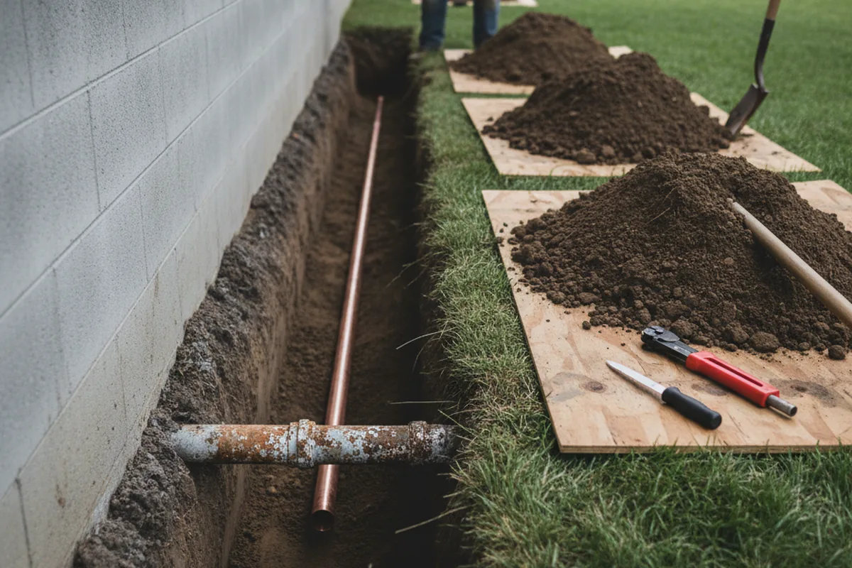 Excavated water line trench during Water Heater Repair in Coopersville